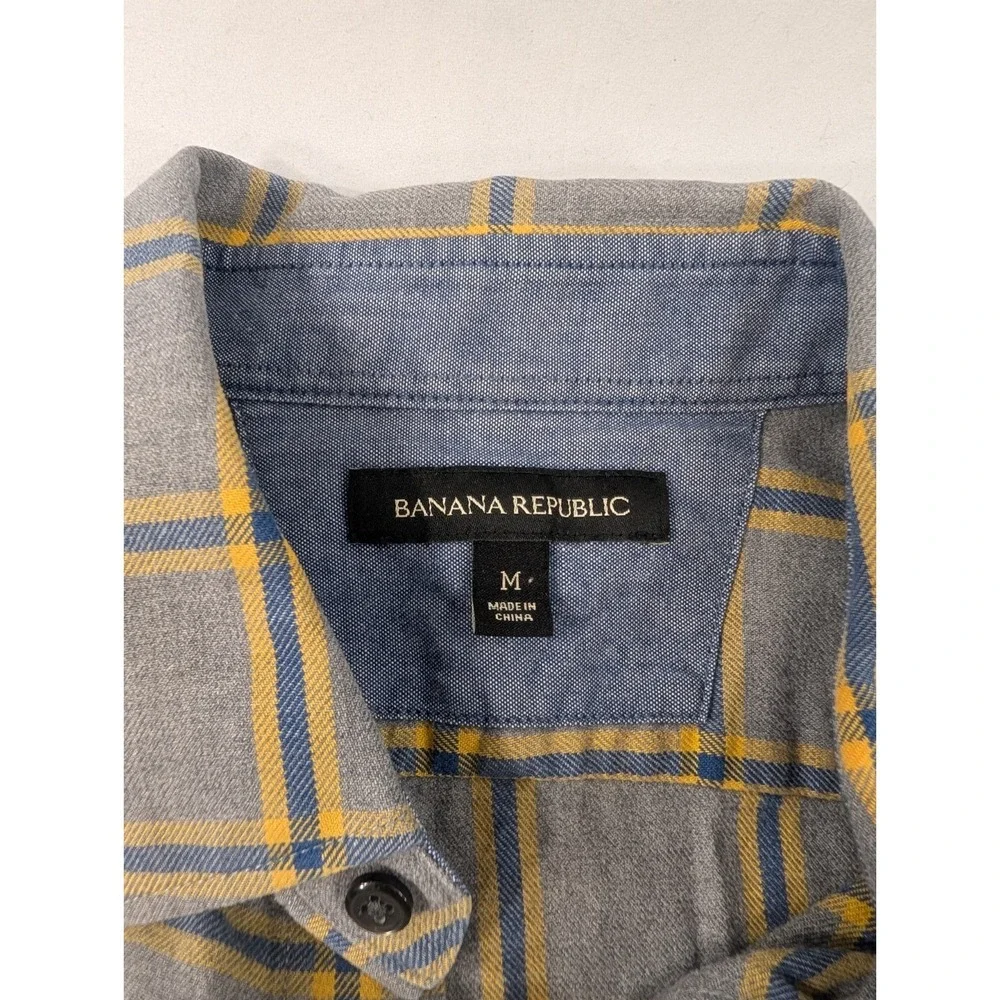 Banana Republic Shirt Mens Medium Gold Blue Gray Plaid Cotton Long Sleeve